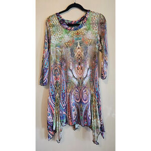 WOMEN'S COCO AND CARMEN sheer patterned lettuce trim dress, Y2K, Sz S/M